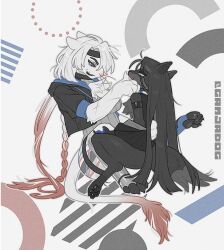  2girls abstract_background animal_feet animal_hands armband artist_name black_armband black_dress black_fur black_hair blue_eyes body_fur braid breasts cat_girl closed_mouth dress furry furry_female gamjadog grey_eyes hand_on_another's_chin long_hair multicolored_hair multiple_girls neck_fur original outline pawpads pink_hair scar scar_on_face scar_on_mouth sitting tail_tuft two-tone_hair two-tone_tail very_long_hair white_fur wolf_girl 