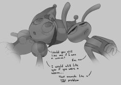  1boy 1girl animal_ears commentary english_commentary english_text facing_up grey_background greyscale hat highres invisible_floor jax_(the_amazing_digital_circus) jester_cap jester_costume limited_palette lying monochrome on_back open_mouth pomni_(the_amazing_digital_circus) puffy_short_sleeves puffy_sleeves rabbit_boy rabbit_ears short_sleeves simple_background suspenders talking teeth the_amazing_digital_circus upper_body zymon_e 