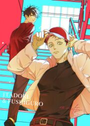  2boys absurdres adjusting_clothes adjusting_headwear baseball_cap belt bilingual_commentary black_belt black_hair black_shirt character_name closed_mouth commentary_request covered_pectorals fic_kle fingernails fushiguro_megumi hat highres itadori_yuuji jacket jujutsu_kaisen korean_commentary looking_at_viewer looking_back male_focus mixed-language_commentary multicolored_hair multiple_boys open_clothes open_jacket pants pectorals pink_hair red_pants shirt stairs two-tone_hair undercut walking white_jacket yellow_eyes 