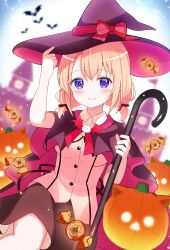 1girl absurdres bat_(animal) blush capelet castle commentary_request eins_9 gochuumon_wa_usagi_desu_ka? halloween halloween_costume hat highres hoto_cocoa jack-o'-lantern orange_hair smile violet_eyes witch 
