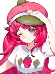  1girl ;) aegyo_sal arm_at_side arm_up bare_arms blurry blurry_edges breasts chinese_commentary commentary_request food-themed_hat food_print fruit_print green_eyes hair_over_shoulder hat high-waist_skirt highres long_hair looking_at_viewer one_eye_closed pink_hair pink_hat pink_skirt polka_dot polka_dot_skirt shirt sidelocks sideways_glance simple_background skirt small_breasts smile solo strawberry_hat strawberry_print strawberry_shortcake_(2009) strawberry_shortcake_(character) strawberry_shortcake_(series) swept_bangs t-shirt upper_body very_long_hair white_background white_shirt xinjinjumin035538262448 