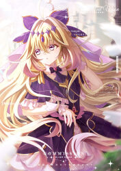  1girl absurdres ang55523671 antenna_hair black_bow black_bowtie black_capelet black_dress black_nails black_necktie black_shoes black_thighhighs blonde_hair bow bowtie braid brooch capelet commentary_request cure_arcana_shadow diamond_hairband dress earrings fingernails frilled_capelet frilled_cuffs frilled_dress frills gradient_hair hair_intakes hair_ornament half_up_braid heart heart_brooch highres jewelry layered_dress long_hair looking_at_viewer magical_girl medium_dress meitantei_precure! moria_luluka multicolored_hair nail_polish necktie parted_lips pink_eyes pink_hair precure purple_nails purple_thighhighs purple_veil sample_watermark shoes smile solo standing thigh-highs thighs veil very_long_hair violet_eyes watermark 