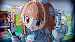  1girl :d apron blood blood_on_knife dress highres indie_virtual_youtuber kitchen_knife knife open_mouth original pillowdear pillowdear_(1st_costume) pillowdear_(artist) pointing puffy_sleeves red_eyes smile solo upper_body virtual_youtuber wings zombie 