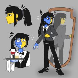 1girl alcohol antenna_hair artist_name black_bow black_bowtie black_eyes black_hair black_necktie black_pants black_shoes blue_skin bow bowtie bright_pupils colored_skin cup disembodied_hand drinking_glass ena_(ena) ena_(series) ena_(web_series) full_body grey_background grey_suit holding holding_plate long_hair long_sleeves looking_at_mirror looking_at_reflection looking_at_viewer looking_to_the_side mirror multicolored_skin multiple_views myysya necktie pants plate ponytail profile reflection shaking shirt shoes sidelocks simple_background solo suit sweat teeth towel two-tone_skin upper_body waiter white_pupils white_shirt wine wine_glass yellow_skin 