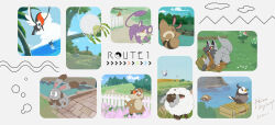  2024 bag bidoof bridge bunnelby bush butterfree canal clouds colored_sclera commentary_request english_text fang fletchling flower grass highres hoothoot hopping horizon isutai lillipup no_humans ocean on_suitcase open_mouth palm_tree partially_submerged patrat petal_on_head petals pidgey pikipek pink_flower pokemon pokemon_(creature) pokemon_day pokemon_focus poochyena rattata red_eyes satchel sentret sharpedo starly stick suitcase tarountula tower tree white_background wooloo wurmple yellow_sclera 