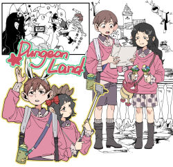  1boy 1girl absurdres alternate_costume amusement_park animal_ear_hairband animal_ears backpack bag black_eyes black_hair black_shoes boots bottle bow brown_eyes brown_hair brown_shorts castle cellphone chilchuck's_wife chilchuck_tims chinese_text contemporary dungeon_meshi english_text fake_animal_ears fake_horns furrowed_brow hair_bow hairband halfling handbag highres holding holding_ice_cream_cone horn_hairband horns ice_cream_cone jitome laios_touden laios_touden_(chimera) licking_lips long_hair mascot_costume open_mouth partially_colored phone pink_sweater pleated_skirt rabbit_ear_hairband rabbit_ears recording selfie_stick shirt shoes short_hair shorts skirt smartphone smile spoilers sweater tongue tongue_out translation_request walking_mushroom_(dungeon_meshi) water_bottle wh00oa white_background white_shirt 