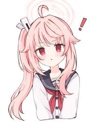  ! 1girl :o ahoge azuki_(az_my) black_sailor_collar blue_archive blush cardigan commentary cropped_torso hair_flaps hair_intakes halo highres long_hair looking_at_viewer natsu_(blue_archive) neckerchief one_side_up parted_lips pink_hair pink_halo red_eyes red_neckerchief sailor_collar school_uniform sidelocks simple_background solo untranslatable_commentary v_arms white_background white_cardigan 
