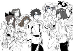 2girls 4boys arm_up bartholomew_roberts_(fate) belt black_hair blue_eyes braid breast_curtains brown_hair chaldea_logo charlotte_corday_(fate) charlotte_corday_(second_ascension)_(fate) cowboy_shot cross crown detached_sleeves dress_flower facepaint fate/grand_order fate_(series) flower fujimaru_ritsuka_(male)_(normal_chaldea_uniform) geronimo_(fate) gloves green_eyes hat insect_wings long_hair long_sleeves looking_at_another multiple_boys multiple_girls oberon_(fate) oberon_(third_ascension)_(fate) open_mouth parted_lips pirate_hat short_hair sideways_glance simple_background sketch smile spot_color sweatdrop tate_eboshi tetro_mino361 ushiwakamaru_(fate) ushiwakamaru_(third_ascension)_(fate) violet_eyes waving white_background wide_sleeves wings 