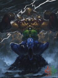  artist_logo clenched_hands clouds cloudy_sky duel_monster fangs flexing gate_guardian highres lightning logo no_humans on_rock sky storm wafalo yu-gi-oh! 