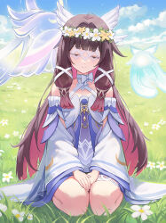 1girl bare_shoulders black_hair bow bowtie closed_eyes closed_mouth clouds columbina_(genshin_impact) commentary_request day dress eye_mask flower flower_wreath genshin_impact grass hair_ornament head_wreath kuuhenki_(genshin_impact) long_hair long_sidelocks luonnotar_(genshin_impact) mask mookyuu9 multicolored_hair on_ground outdoors purple_hair seiza sidelocks sitting smile solo very_long_hair white_bow white_bowtie white_dress white_flower wing_hair_ornament 