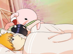  1boy 1girl 500_dollar_four_foot_tall_mareep_(meme) bed black_hair blanket bleach brown_eyes chappy commentary english_commentary expressionless hat highres holding holding_stuffed_toy kuchiki_rukia kurosaki_ichigo lying meme on_back on_side orange_hair pillow santa_hat short_hair silegesi sleeping spaghetti_strap stuffed_toy under_covers 