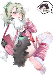  2girls absurdres arm_warmers bag barefoot commentary_request fang feet green_eyes green_hair highres multiple_girls nangong_yu pink_bag ponytail shirt single_sock skin_fang skirt socks striped_arm_warmers sunna_(zenless_zone_zero) v white_background white_shirt white_socks yanwulazy zenless_zone_zero 