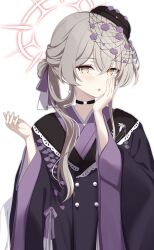  1girl absurdres alternate_costume alternate_hairstyle black_choker black_hat black_kimono blue_archive blush brown_hair choker commentary_request halo hand_on_own_face hands_up hat highres japanese_clothes kimono long_hair long_sleeves looking_at_viewer nagisa_(blue_archive) nagisa_(new_year)_(blue_archive) parted_lips pink_halo simple_background smile solo tilted_headwear twitter_username upper_body white_background wide_sleeves ydayluca yellow_eyes 