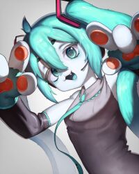  1girl :3 :d ahoge animal_ears animal_hands aqua_eyes aqua_hair borrowed_design breasts collared_shirt commentary detached_sleeves dutch_angle eitirou12345 fang furrification furry furry_female grey_shirt hair_ornament hatsune_miku highres long_hair looking_at_viewer mikusagi_(character) necktie pawpads rabbit_ears rabbit_girl shirt sleeveless sleeveless_shirt small_breasts smile solo twintails upper_body vocaloid 