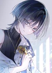  1boy absurdres arm_at_side black_hair black_shirt blue_shawl blunt_ends casual choppy_bangs closed_mouth commentary contemporary covered_collarbone crossed_bangs earrings eyeliner flower genshin_impact hand_up head_down highres holding holding_flower jewelry kurage_67 layered_shirt looking_at_viewer makeup male_focus official_alternate_costume red_eyeliner ribbed_shirt ring scaramouche_(genshin_impact) shawl shirt single_off_shoulder smile solo sunflower three-quarter_sleeves tsurime turtleneck turtleneck_shirt twitter_username untranslatable_commentary violet_eyes wanderer_(genshin_impact) wanderer_(impression)_(genshin_impact) white_shirt white_sleeves 