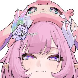  1girl :3 blue_flower blue_rose bunnyoki commentary cyrene_(demiurge)_(honkai:_star_rail) cyrene_(honkai:_star_rail) english_commentary eyeshadow flower hair_flower hair_intakes hair_ornament hello_mem_world!_(honkai:_star_rail) highres honkai:_star_rail honkai_(series) looking_at_viewer makeup mem_(honkai:_star_rail) pink_hair pointy_ears rose simple_background smile solo violet_eyes white_background 