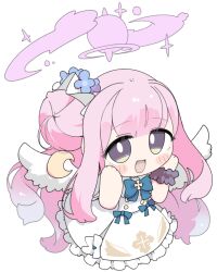  1girl :d blue_archive blue_bow blue_flower blush_stickers bow chibi commentary_request crescent dress feathered_wings flower frilled_dress frills full_body grey_eyes hair_bun hair_flower hair_ornament halo hands_up long_hair looking_at_viewer mika_(blue_archive) miranofuudoria pink_hair simple_background single_side_bun smile solo very_long_hair white_background white_dress white_wings wings 
