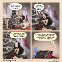  1girl 1other absurdres ai-generated_art_(topic) avian_intelligence_(minifantasytheater) black_camisole black_hair black_slippers book camisole cepper_(minifantasytheater) christmas christmas_tree david_revoy english_text fireplace gift highres indoors long_hair minifantasytheater non-humanoid_robot open_mouth original parted_hair robot robot_animal robot_bird signature sitting slippers speech_bubble thighs wariza 