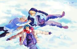  3boys bakugou_katsuki beanie black_border blonde_hair boku_no_hero_academia border burn_scar coat commentary dated earmuffs english_commentary freckles green_hair happy hat heterochromia highres hood hood_up joikzo looking_at_another male_focus midoriya_izuku mini_snowman multicolored_hair multiple_boys on_ground one_eye_closed pants pom_pom_(clothes) pom_pom_beanie red_hair red_scarf scar scar_on_face scarf short_hair signature snow snow_angel spiky_hair split-color_hair todoroki_shoto two-tone_hair white_hair white_scarf winter winter_clothes winter_coat 