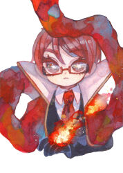  1boy :< black_gloves black_vest closed_mouth collared_shirt commentary_request gloves highres jacket library_of_ruina liu_association_south_uniform miris_(project_moon) mochigome_138 necktie painting_(medium) project_moon red-framed_eyewear red_eyes red_hair red_jacket red_necktie shirt simple_background solo traditional_media vest watercolor_(medium) white_background white_shirt 