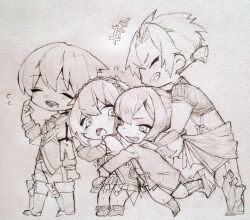  2boys 2girls bare_shoulders closed_eyes coat commentary_request ex_(grimms_notes) full_body glomp grimms_notes grin hug laughing looking_at_another low_ponytail multiple_boys multiple_girls open_mouth pants ponytail profile reina_(grimms_notes) reina_(original)_(grimms_notes) shino_(5no) short_hair short_ponytail simple_background smile tao_(grimms_notes) tao_(original)_(grimms_notes) teeth traditional_media upper_teeth_only v-shaped_eyebrows vest walking 