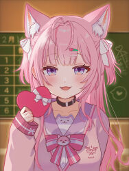  1girl animal_ears antenna_hair black_choker blurry blurry_background blush bow box braid breasts cardigan chalkboard choker classroom collarbone commentary_request extra_ears fang hair_ornament hair_ribbon hairclip hakui_koyori hakui_koyori_(school_uniform) heart heart-shaped_box heart_hair_ornament highres holding holding_heart hololive lets_sleeping long_hair long_sleeves looking_at_viewer open_mouth pink_bow pink_cardigan pink_hair pink_sailor_collar ribbon sailor_collar school_uniform serafuku sleeves_past_wrists smile solo spoken_heart valentine violet_eyes virtual_youtuber white_ribbon white_serafuku wolf_ears wolf_girl 