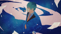  1boy aqua_hair blending blue_jacket blue_pants blue_shirt blurry blurry_background choppy_bangs cigarette closed_eyes collared_shirt commentary contrapposto contrast_lapels cowboy_shot depth_of_field english_commentary facing_to_the_side falling_paper from_above from_side galaxy grid_print hair_between_eyes hand_in_pocket hypnosis_mic jacket lapels long_sleeves male_focus mouth_hold multicolored_hair necktie nurude_sasara nurude_sasara_(tdd_era) orange_necktie pants paper paper_texture profile serious shirt short_hair signature smoking solo souyuu space star_(sky) starry_sky_background suit_jacket very_short_hair 