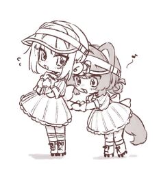  2girls 3znk alternate_costume animal_ears blush carhop chibi dog_ears dog_girl dog_tail dress flying_sweatdrops gloves greyscale hair_bun holding holding_menu inui_toko lize_helesta medium_dress menu monochrome multiple_girls musical_note nijisanji open_mouth puffy_short_sleeves puffy_sleeves roller_skates short_sleeves simple_background skates standing striped_clothes striped_dress tail translation_request vertical-striped_clothes vertical-striped_dress virtual_youtuber visor_cap waitress 