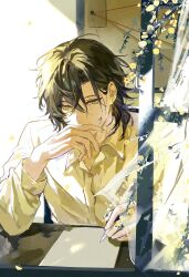  1boy absurdres black_hair branch chinese_commentary collared_shirt commentary_request covering_own_mouth curtained_hair curtains elbow_rest flower green_eyes hair_between_eyes hand_up highres holding holding_pen indoors leonard_mitchell long_sleeves lord_of_the_mysteries male_focus medium_hair open_window paper pen plant shirt sidelighting sitting solo sumidainxin sunlight upper_body white_shirt window windowsill writing yellow_flower 