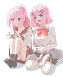  2girls absurdres amaori_haruna amaori_renako ashigaya_high_school_uniform bow bowtie clothes_around_waist collared_shirt controller game_controller hair_ornament hairclip highres holding holding_controller holding_game_controller jacket jacket_around_waist kneeling long_hair medium_hair mikang multiple_girls neckerchief open_mouth pink_hair ponytail red_bow red_bowtie red_sailor_collar red_skirt sailor_collar school_uniform shirt siblings simple_background sisters skirt violet_eyes watashi_ga_koibito_ni_nareru_wake_naijan_murimuri! white_background white_shirt x_hair_ornament yellow_neckerchief 