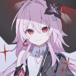  1girl black_flower closed_mouth commentary_request earrings evernight_(honkai:_star_rail) flower hair_flower hair_ornament hairclip highres honkai:_star_rail honkai_(series) jewelry long_hair looking_at_viewer march_7th_(honkai:_star_rail) official_alternate_design official_alternate_hair_length official_alternate_hairstyle parallel_hairclips pink_hair portrait red_eyes single_bare_shoulder single_earring smile solo twitter_username umbrella uwasewau 