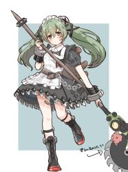  1girl animal_bag apron bandaid bandaid_on_leg bear_bag black_boots black_dress boots chain circular_saw commentary_request corin_wickes cuffs dress expressionless full_body green_hair highres holding holding_weapon knee_boots long_hair looking_at_viewer maid maid_apron maid_headdress nuvia_str puffy_short_sleeves puffy_sleeves saw screw_hair_ornament short_sleeves simple_background solo standing standing_on_one_leg twintails violet_eyes weapon zenless_zone_zero 