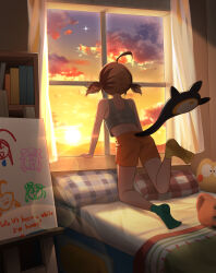  1girl absurdres ahoge bedroom bookshelf brown_hair commentary_request gigi_murin highres hololive hololive_english looking_through_window mismatched_socks on_bed orange_shorts same1029 shorts star_(sky) sunset tail tank_top twintails virtual_youtuber 