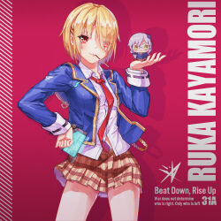  1girl absurdres blonde_hair blue_jacket blush_stickers brown_skirt character_doll character_name chinese_commentary closed_mouth collared_shirt commentary_request cowboy_shot doll drop_shadow english_text eyes_visible_through_hair food food_in_mouth glasses green_eyes hair_ornament hair_over_one_eye hairclip hand_on_own_hip hand_up happy_birthday heaven_burns_red highres izumi_yuki_(heaven_burns_red) jacket kayamori_ruka long_bangs long_sleeves miniskirt necktie open_clothes open_jacket parallel_hairclips plaid_clothes plaid_skirt pleated_skirt pocky pocky_in_mouth red_background red_eyes red_necktie sail_678 shirt short_hair simple_background skirt smile solo white_shirt 