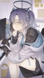  1girl absurdres black_gloves black_halo blue_archive blue_necktie collared_shirt commentary_request computer_keyboard gloves halo hand_on_own_face highres indoors jacket looking_at_viewer looking_to_the_side mechanical_halo monitor necktie pleated_skirt purple_hair shirt shyorc skirt solo two_side_up violet_eyes white_shirt yuuka_(blue_archive) 