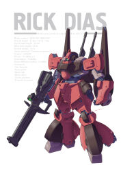  aeug aoi_onion bazooka_(gundam) beam_gun character_name commentary_request english_text exposed_internal_machinery green_eyes gundam highres mecha mecha_focus mobile_suit no_humans one-eyed original redesign rick_dias robot science_fiction stats thrusters vernier_thrusters weapon white_background zeta_gundam 