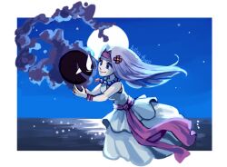  1girl artist_name artsy-theo bead_necklace beads blue_eyes border closed_mouth commentary dress english_commentary fangs floating flower full_body full_moon gastly ghost ghost_of_maiden's_peak_(pokemon) hair_flower hair_intakes hair_ornament jewelry long_hair moon necklace night open_mouth pokemon pokemon_(anime) pokemon_(classic_anime) pokemon_(creature) purple_hair red_flower red_sash sash sky smile star_(sky) water white_border white_dress 