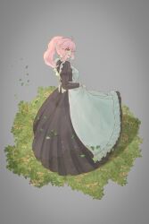 1girl absurdres aivy_lovencraft apron blush commentary fanart green_eyes highres indie_virtual_youtuber keptnis long_hair maid pink_hair ponytail simple_background smile vtuber vtuberfanart
