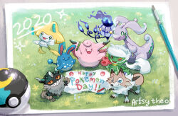  :3 artist_name artsy-theo azumarill beard blue_eyes bright_pupils chandelure clefable closed_mouth commentary dated dripping english_commentary english_text facial_hair fire goodra grass green_eyes holding horns jirachi lycanroc lycanroc_(midday) moon_ball no_humans open_mouth paintbrush perrserker poke_ball poke_ball_symbol pokemon pokemon_(creature) pokemon_day pokemon_focus purple_fire red_eyes roserade sharp_teeth slime_(substance) smile teeth v-shaped_eyes white_pupils 