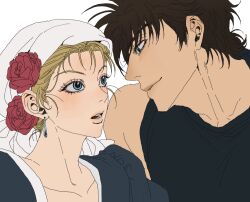  1boy 1girl bandana battle_tendency blonde_hair blue_dress blue_eyes brown_hair derivative_work dress earrings flower green_eyes hat hat_flower highres jewelry jojo_no_kimyou_na_bouken joseph_joestar joseph_joestar_(young) screenshot_redraw sos911p suzi_q 
