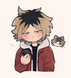  1boy :< animalization arm_up black_hair black_shirt blonde_hair blush cat cellphone commentary crew_neck haikyuu!! highres holding holding_phone hood hooded_jacket jacket kozume_kenma long_sleeves male_focus messy_hair multicolored_hair parted_bangs person_and_animalization phone red_hood rii_a roots_(hair) shirt simple_background sleepy solo squeans untranslatable_commentary 