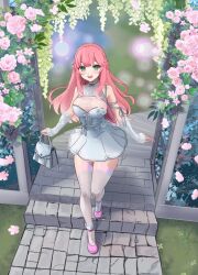 1girl aivy_lovencraft dress english_commentary esteban_(estebaneishon) fanart flower green_eyes highres indie_virtual_youtuber long_hair pink_flower pink_hair smile solo standing virtual_youtuber vtuber vtuberfanart white_dress
