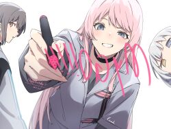  3girls absurdres bang_dream! bang_dream!_it's_mygo!!!!! black_choker blue_eyes brown_eyes chihaya_anon choker commentary_request grey_eyes grey_hair heterochromia highres holding holding_marker kanade_(kanade_3344) kaname_raana long_hair marker mitsuketa_keshiki_tazusaete multiple_girls open_mouth pink_hair short_hair simple_background smile takamatsu_tomori white_background white_hair yellow_eyes 