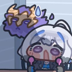  1girl ahoge black_gloves black_jacket blue_bra blue_streaks blush_stickers bra chibi chibi_only chimera_(wuthering_waves) commentary_request galbrena_(wuthering_waves) gloves grey_hair hair_intakes holding holding_spoon jacket korean_commentary long_hair medium_hair monyami multicolored_hair open_clothes open_jacket open_mouth shadow solo spoon streaked_hair sweatdrop tacet_discord_(wuthering_waves) underwear upper_body violet_eyes white_hair wuthering_waves 