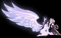  2girls bare_shoulders barefoot black_background black_bow black_dress black_hair black_sleeves bonnet bow brown_hair closed_eyes columbina_(genshin_impact) commentary detached_sleeves dress eye_mask frilled_sleeves frills genshin_impact glowing hair_bun hair_ribbon hand_on_another's_face head_wings highres long_hair mask multiple_girls multiple_wings purple_hair ribbon sandrone_(genshin_impact) vcm04 very_long_hair white_dress white_ribbon wide_shot winding_key wings 