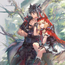  1boy 1girl animal_ear_fluff animal_ears arknights arknights:_endfield arm_belt artist_name black_gloves black_hair black_pants blonde_hair brother_and_sister cape chest_belt corset darkavey dress ears_through_headwear ears_through_hood fingerless_gloves gloves highres hood hood_up hooded_cape jacket looking_at_viewer low-tied_sidelocks pants red_cape red_eyes red_hood red_jacket rossi_(arknights) scar scar_on_arm scar_on_cheek scar_on_chest scar_on_face short_sleeves siblings sidelocks sitting_on_branch tail tree white_dress wolf_boy wolf_ears wolf_girl wolf_tail wulfgard_(arknights) yellow_eyes 