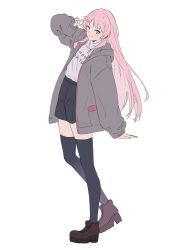  1girl absurdres anon_tokyo_(bang_dream!) bang_dream! bang_dream!_it's_mygo!!!!! black_shorts black_thighhighs blush brown_shoes chihaya_anon closed_mouth clothes_writing commentary_request fang full_body grey_eyes grey_jacket highres hood hood_down hooded_jacket jacket kanade_(kanade_3344) long_hair long_sleeves looking_at_viewer open_clothes open_jacket pink_hair shirt shoes shorts simple_background skin_fang solo thigh-highs v white_background white_shirt 