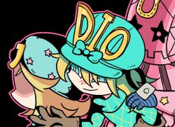  1other 2boys aqua_bow aqua_helmet aqua_sweater argyle_clothes argyle_sweater black_background blonde_hair blue_eyes blue_hat bow bright_pupils brown_gloves chibi chibi_only colored_skin commentary_request diego_brando gloves hand_on_another's_shoulder hat hat_bow helmet highres horseshoe_hat_ornament horseshoe_ornament humanoid_robot johnny_joestar jojo_no_kimyou_na_bouken m_a_a_m_8 male_focus medium_hair multiple_boys pink_skin robot shaded_face smile stand_(jojo) star_(symbol) star_print steel_ball_run sweater turtleneck turtleneck_sweater tusk_(stand) tusk_act4 