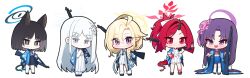  absurdres arisaka ayame_(blue_archive) black_hair blonde_hair blue_archive blue_halo bolt_action chibi chibi_only commentary_request grey_eyes grey_hair grey_halo gun halo highres hyakkaryouran_(blue_archive) jhsd7152 kikyou_(blue_archive) korean_commentary long_hair medium_hair nagusa_(blue_archive) purple_hair purple_halo red_eyes red_hair red_halo renge_(blue_archive) rifle simple_background violet_eyes weapon white_background yellow_halo yukari_(blue_archive) 