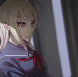  1girl ahoge akamatsu_kaede black_sailor_collar black_shirt blonde_hair blurry blurry_background breasts danganronpa_(series) danganronpa_v3:_killing_harmony from_side hair_ornament hairclip highres long_hair medium_breasts neckerchief official_alternate_costume pink_eyes red_neckerchief sailor_collar shirt solo tago_(matsu0da) upper_body 